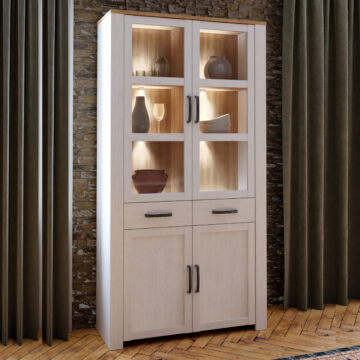 Ridge White Display Cabinet 4 Door 2 Drawer | Riviera Oak | Inc LED Lighting