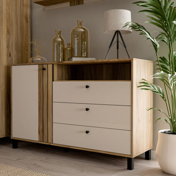 Vista 1 Door 3 Drawer Chest In Cream and Oak | Assembly Required
