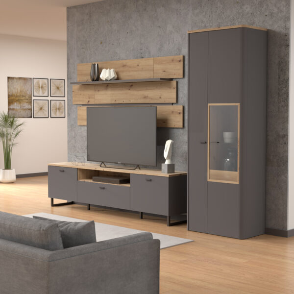 Willow Display Cabinet with 1 Door  and 1 Glass Door in Grey and Oak | Assembly Required