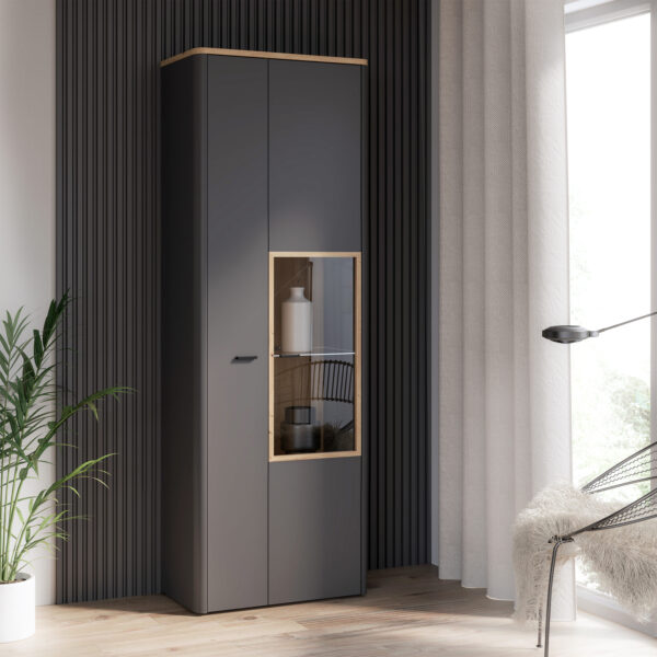Willow Display Cabinet with 1 Door  and 1 Glass Door in Grey and Oak | Assembly Required
