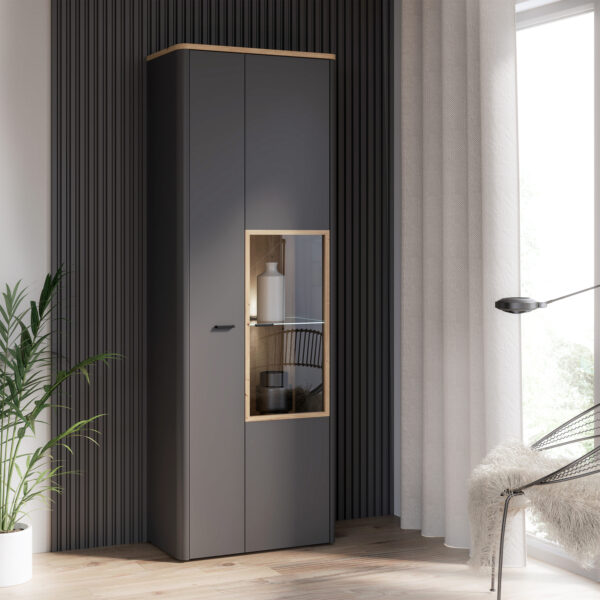 Willow Display Cabinet with 1 Door  and 1 Glass Door in Grey and Oak inc LED Lighting | Assembly Required