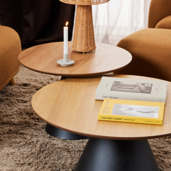 Soileil Round Coffee Table in Oak/Black 85x40cm | Assembly Required