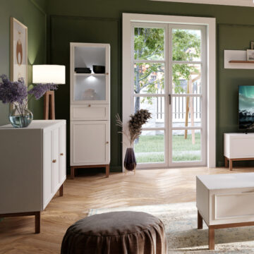 Wesley Light Grey 2 Door 1 Drawer Display Cabinet | Oak Finish | Inc LED Lighting