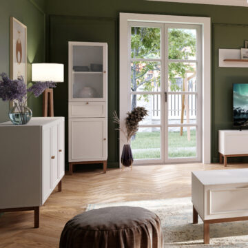 Wesley Light Grey 2 Door 1 Drawer Display Cabinet | Oak Finish | Inc LED Lighting