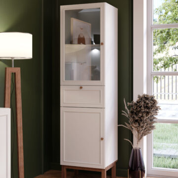 Wesley Light Grey 2 Door 1 Drawer Display Cabinet | Oak Finish | Inc LED Lighting