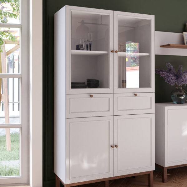 Wesley Display Cabinet with 2 Doors 2 Drawers and 2 Glass Doors in Light Grey and Oak | Assembly Required
