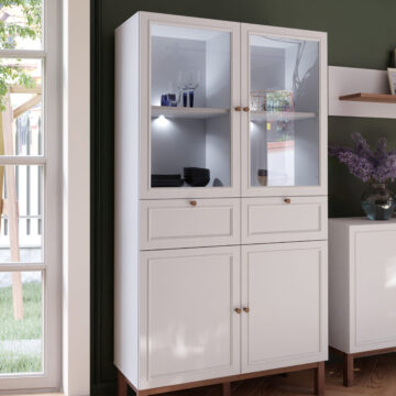 Wesley Light Grey 4 Door 2 Drawer Display Cabinet | Oak Finish | Inc LED Lighting