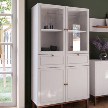Wesley Light Grey 4 Door 2 Drawer Display Cabinet | Oak Finish | Inc LED Lighting