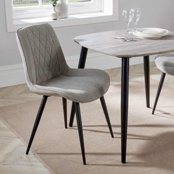 Dalvik Diamond Stitch Lt Grey Cord Fabric Dining Chair, Black Tapered Legs (Pair) | Assembly Required