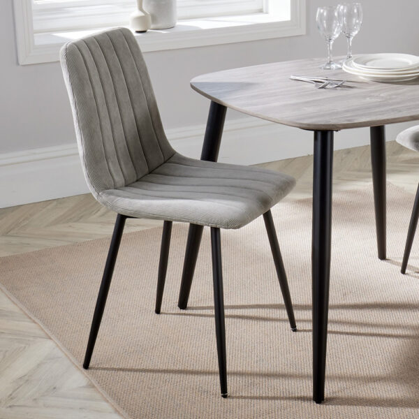 Dalvik Straight Stitch Lt Grey Cord Dining Chair, Black Tapered Legs (Pair) | Assembly Required