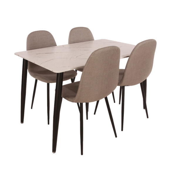 Dalvik Rectangular Dining Table, White Marble Effect Foiled Top And 4 X Upholstered Chair Set | Assembly Required