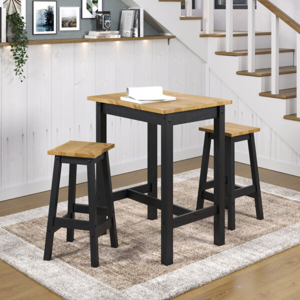 Azusa Black Live Edge Small Rectangular High Breakfast Bar Table & Pair Bar Stool Set | Assembly Required