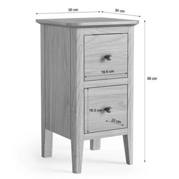 Dover Light Oak 2 Drawer Narrow Bedside Cabinet | Assembled