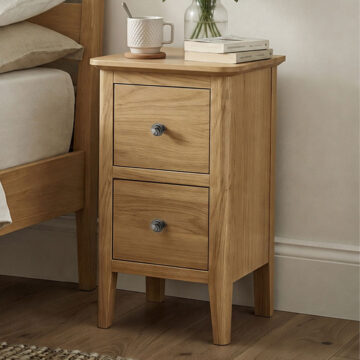 Dover Light Oak 2 Drawer Narrow Bedside Cabinet | Assembled