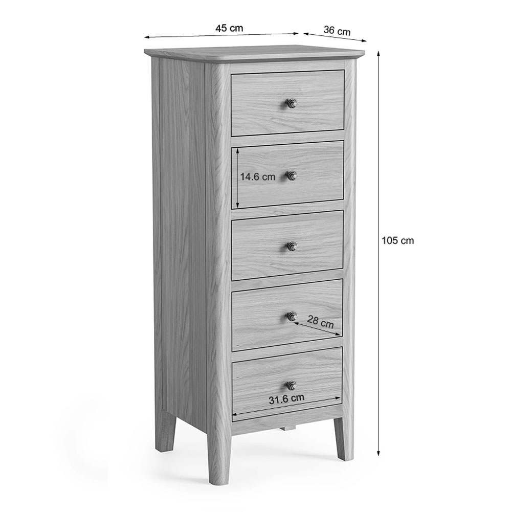 Dover Light Oak 5 Drawer Tallboy | Assembled