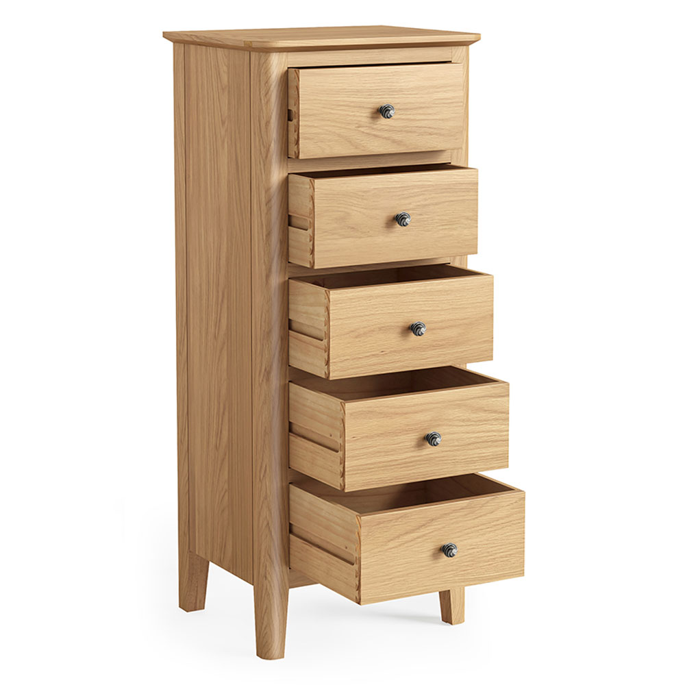 Dover Light Oak 5 Drawer Tallboy | Assembled