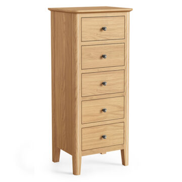Dover Light Oak 5 Drawer Tallboy | Assembled