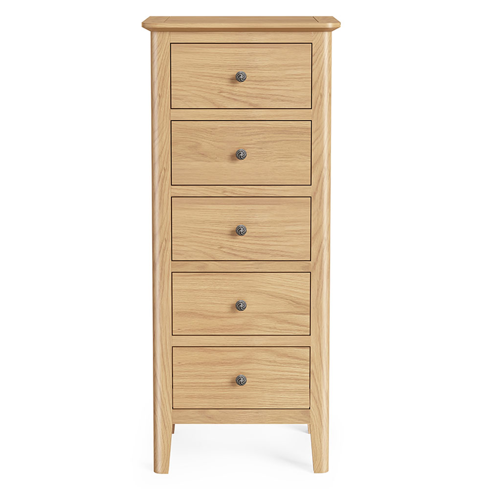 Dover Light Oak 5 Drawer Tallboy | Assembled