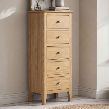 Dover Light Oak 5 Drawer Tallboy | Assembled