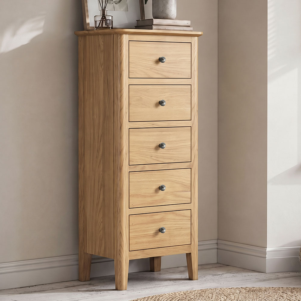 Dover Light Oak 5 Drawer Tallboy | Assembled