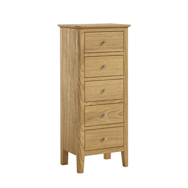 Dover Light Oak 5 Drawer Tallboy | Assembled