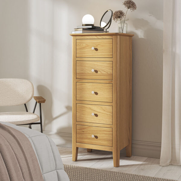Dover Light Oak 5 Drawer Tallboy | Assembled