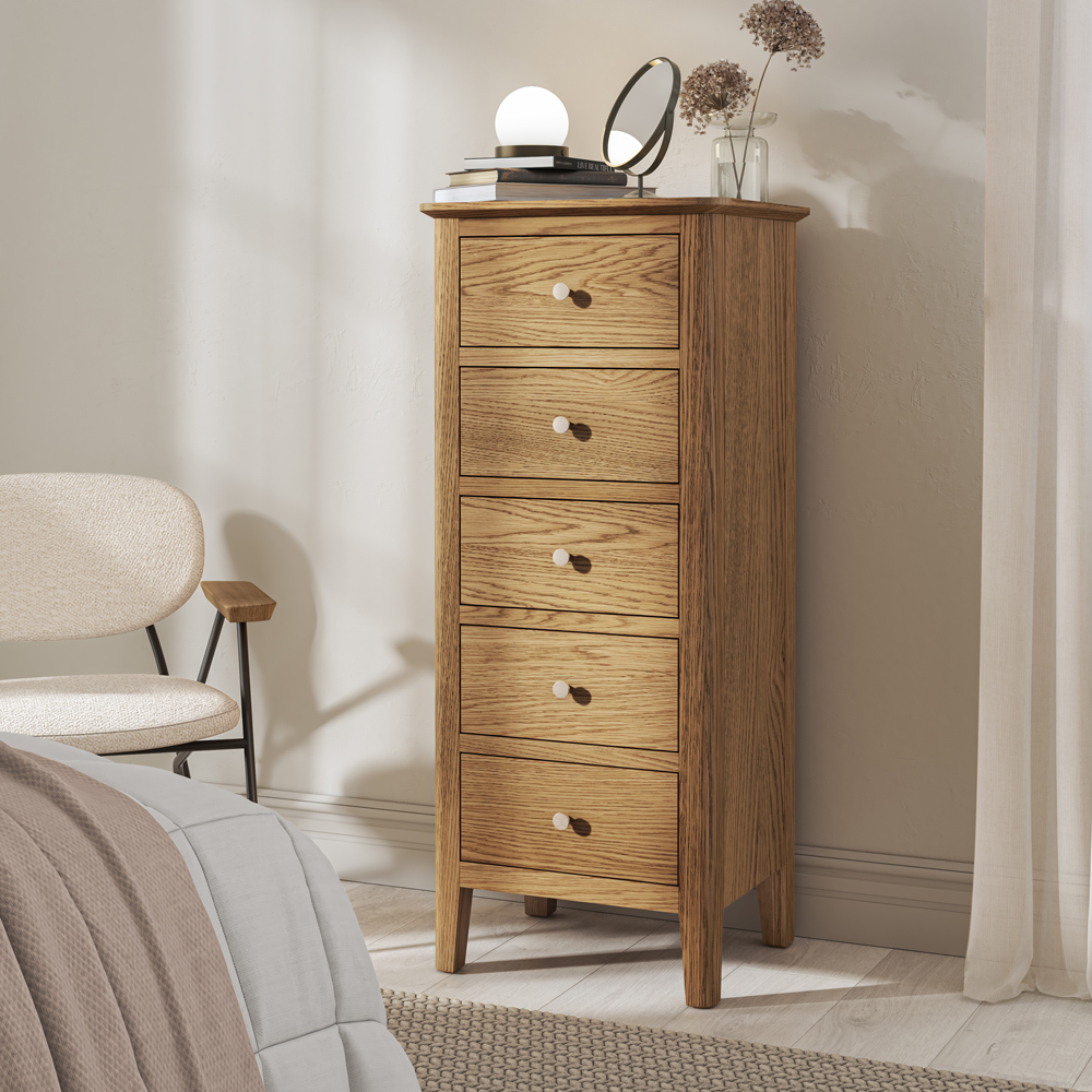 Dover Oak 5 Drawer Tallboy | Assembled