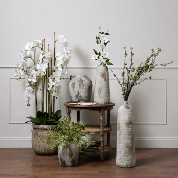 Large White Orchid In Antique Stone Pot | Fully Assembled