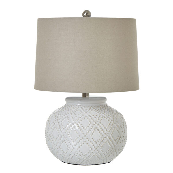 Squat White Beaded Ceramic Lamp With Linen Shade | Self Assembly