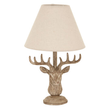 Stonewashed Stag Head Table Lamp With Linen Shade | Self Assembly