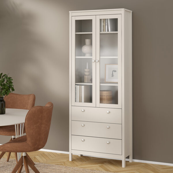 Ronda China Cabinet 2 Glass Doors with 3 Drawers in Cashmere | Self Assembly
