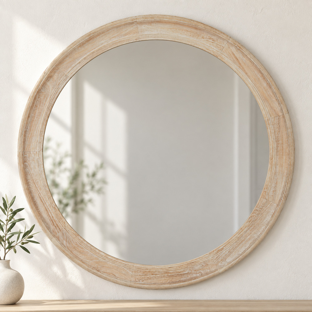 Washed Wood Round Framed Large Mirror | Assembled
