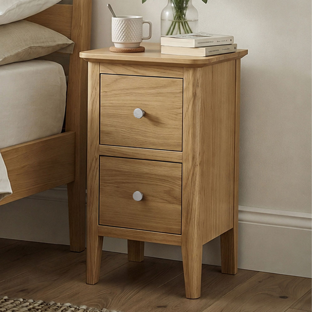 Folkestone Light Oak 2 Drawer Narrow Bedside Cabinet | Assembled