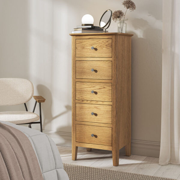 Folkestone Oak 5 Drawer Tallboy | Assembled