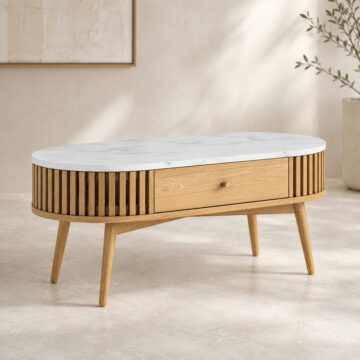 Serenity Oak 1 Drawer Oval Coffee Table | Marble Top
