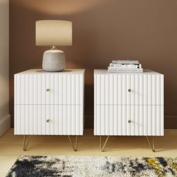 Studio Ribbed 2 Drawer White Bedside Table Pair