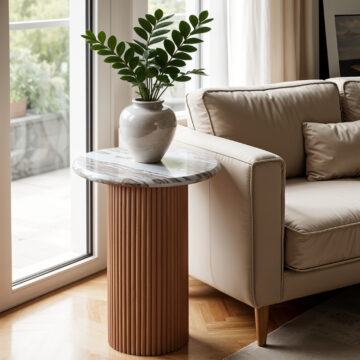 Nava Natural Marble & Wood Pedestal Side Table