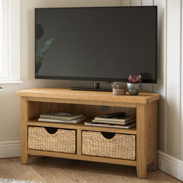 Alderstone Waxed Oak Corner Tv Unit With Basket | Assembled