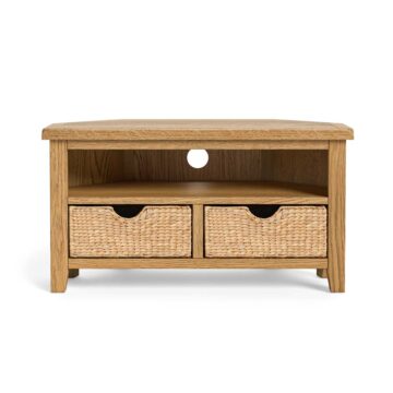 Alderstone Waxed Oak Corner Tv Unit With Basket | Assembled