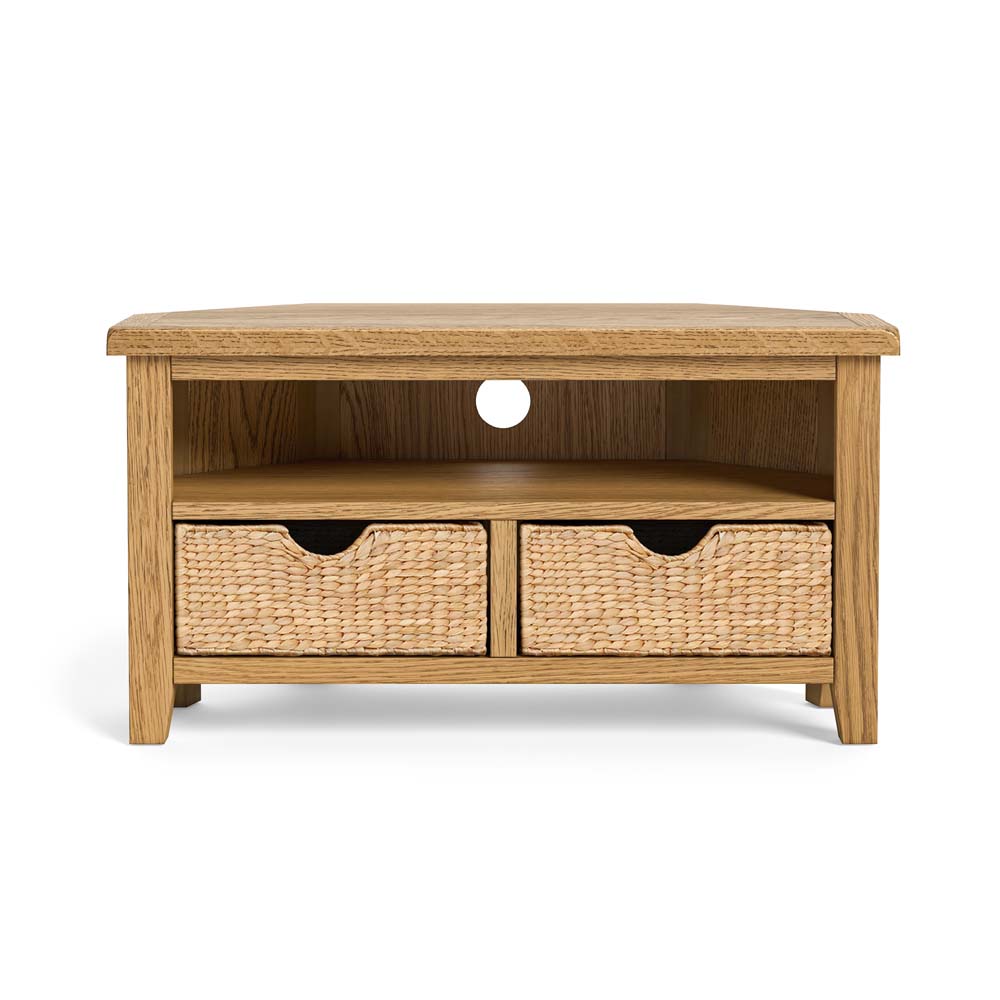Alderstone Waxed Oak Corner Tv Unit With Basket | Assembled