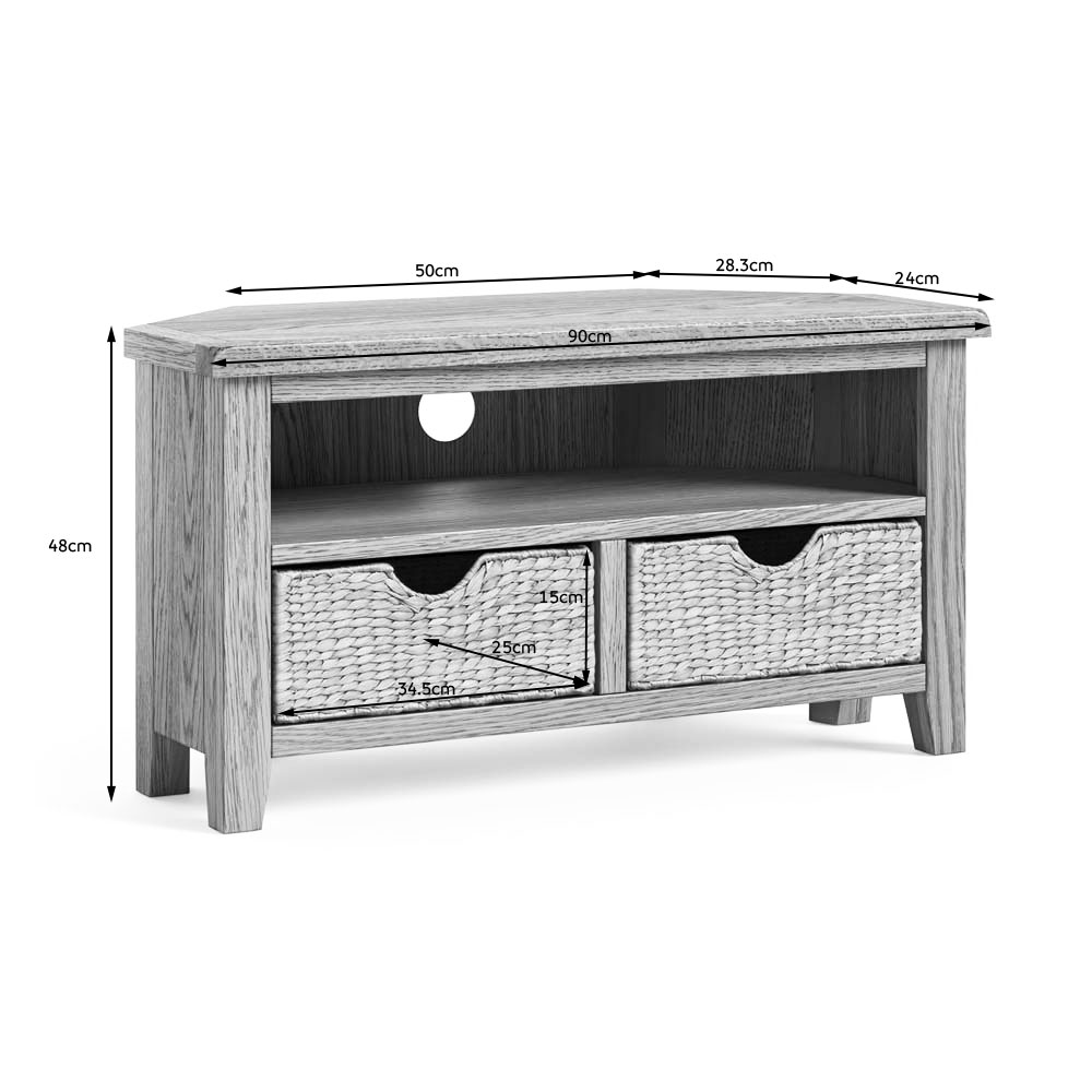 Alderstone Waxed Oak Corner Tv Unit With Basket | Assembled