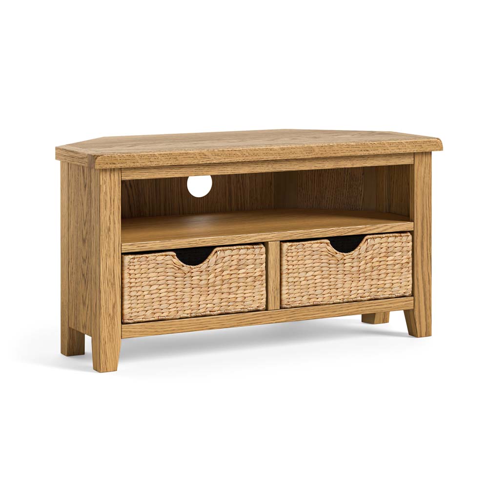 Alderstone Waxed Oak Corner Tv Unit With Basket | Assembled