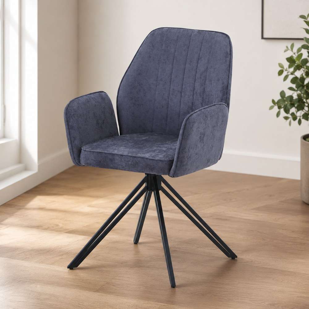Dalvik swivel dining armchair, grey fabric with black metal legs (pair)