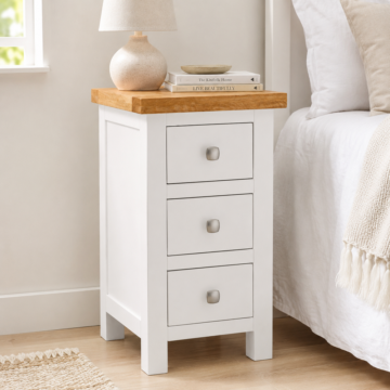 Wynyard White Compact 3 Drawer Bedside | Oak Top