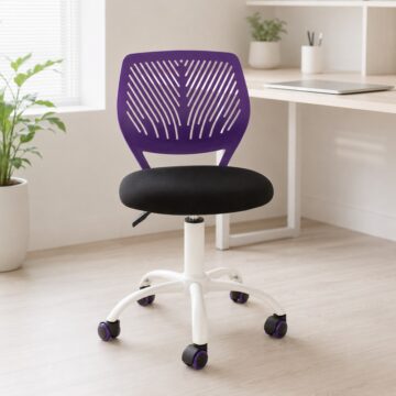 Home Office Compact Kids Study Chair - Purple Plastic Back & Black Fabric Seat with White Base H80.5 x W50 x D50cm