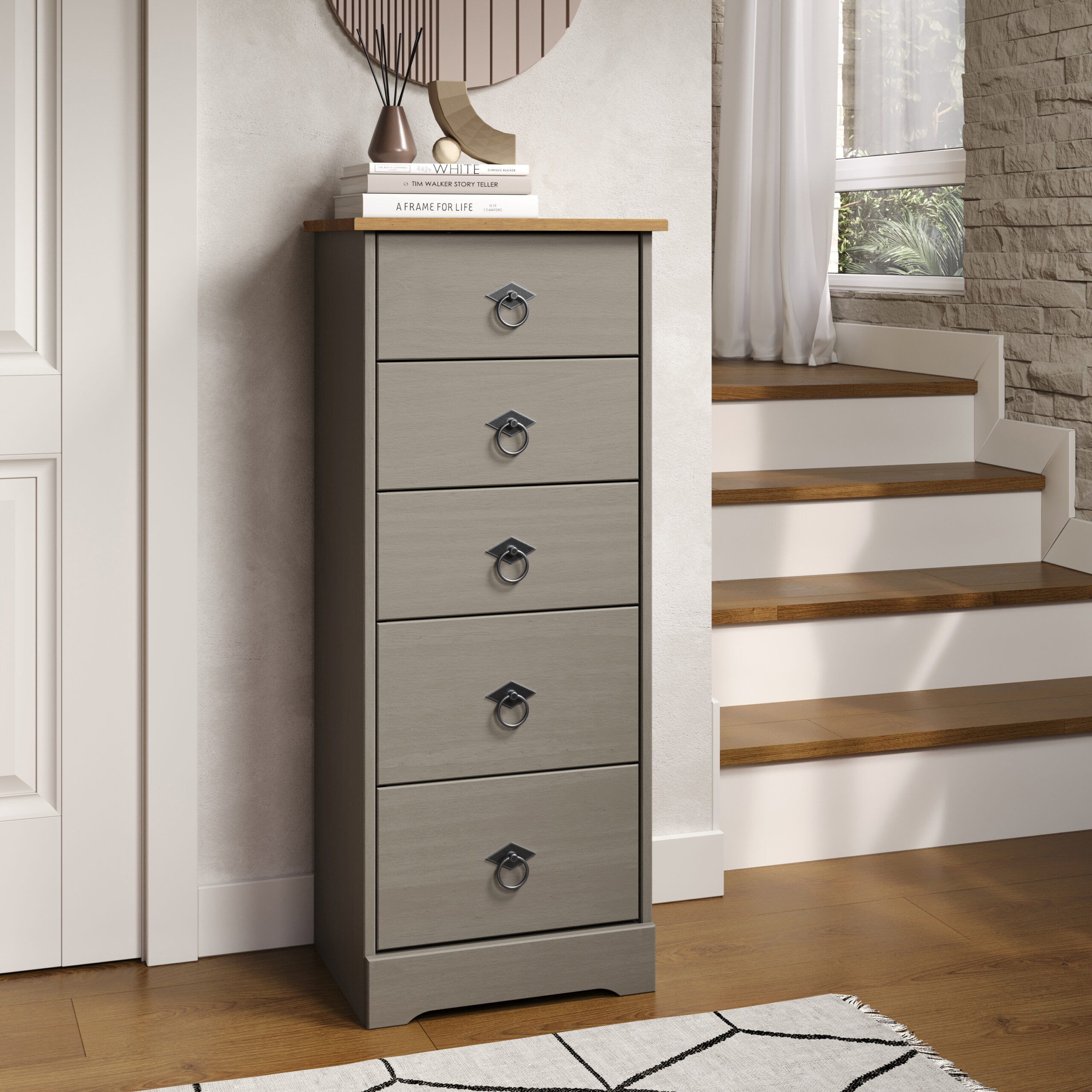 Azusa Grey 5 drawer narrow chest of drawers | Oak World
