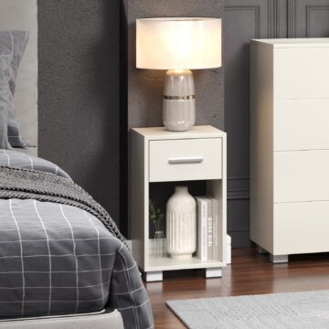 Clermont 1 Drawer Bedside Table - Gloss White Finish with Silver Handles and Feet