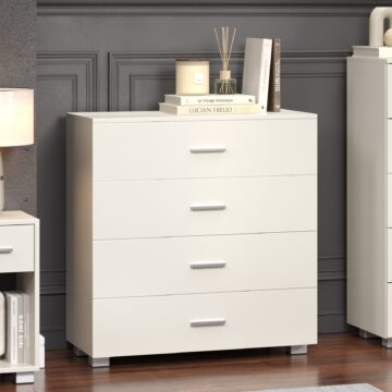 Clermont 4 Drawer White Gloss Chest of Drawers - White High Gloss Bedroom Storage with Matte Silver Handles