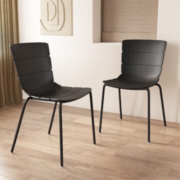 Dalvik Dining Pair of Black Ribbed Plastic Kitchen Chairs with White Metal Legs