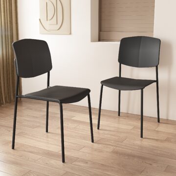 Dalvik Dining Pair of Black Stackable Plastic Kitchen Chairs with Contoured Seat and Black Metal Leg